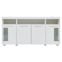 High-Gloss Sideboard with Bluetooth LED Lighting, Modern Storage Cabinet with 3-Tier Tempered Glass Shelves, 140L x 40W x 70H cm, White(m-2)