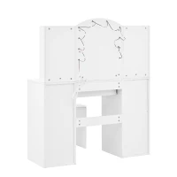 Modern Vanity Desk with Padded Stool and 2 Storage Cabinets, Makeup Dressing Table with Adjustable LED Mirror, 110L x 40W x 132H cm, White(m-6)
