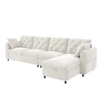 Modern Velvet L-Shaped Sectional Sofa with Storage Chaise and Tufted Back, Soft Corner Couch with Reversible Corner, 281L x 132W x 86H cm, BeigeStorage Chaise(m-14)