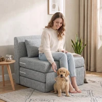 HOMCOM Poltrona Chaise Dobrável 3 em 1 com Travesseiro Conversível Colchonete Dobrável para Visitas Sala de Estar Escritório Cinza(m-2)