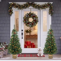 HOMCOM 2 PCs Prelit Christmas Trees with Dual-Colour LEDs, Berry, Pinecones, Battery-Operated, 11 Modes, Pot, Remote, 4ft(m-8)