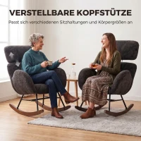 HOMCOM Polster-Schaukelstuhl mit verstellbarer Kopfstütze, Velours in Regentropfen-Optik, Gestell aus Gummibaumholz, Dunkelgrau(m-5)