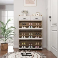 Modern Wooden Shoe Cabinet with 3 Flip Louvered Doors, Space-Saving Organiser Cupboard with 2 Drawers, 80L x 23.5W x 131H cm, White+Natural(m-7)