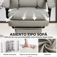 HOMCOM Silla de Escritorio Ergonómica con Reposapiés de PU Muelles Ensacados Reclinable 155° Respaldo Alto Reposacabezas Gris(m-4)