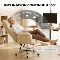 HOMCOM Chaise Bureau Ergonomique avec Accoudoirs Rabattables 5 Niveaux, Fauteuil de Bureau Inclinable en Tissu Teddy, Crème(m-6)