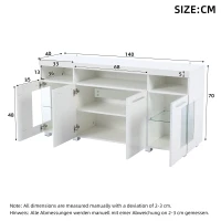 High-Gloss Sideboard with Bluetooth LED Lighting, Modern Storage Cabinet with 3-Tier Tempered Glass Shelves, 140L x 40W x 70H cm, White(m-3)