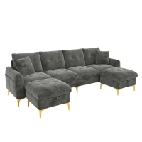 Modern U-Shaped Modular Sleeper Sofa with 2 Storage Ottomans, Soft Convertible Couch with 2 Decorative Cushions, 263L x 137W x 85H cm, Gray(m-2)