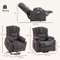 HOMCOM Elektrischer Aufstehsessel mit Massage & Wärme, Relaxsessel für Senioren, Taschenfederkern, Grau(m-3)