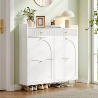 Modern Shoe Cabinet with 4 Flip Doors and 2 Drawers, Space-Saving Entryway Storage Organizer with Metal Handles, 106.5L x 25W x 105.5H cm, White(m-1)