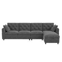 Modern Velvet L-Shaped Sectional Sofa with Reversible Storage Chaise and Tufted Back, Soft Corner Couch for Living Room, 281L x 132W x 86H cm, Grey(m-13)