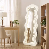 HOMCOM Miroir Pleine Longueur Ondulé 160 x 60 cm, LED 3 Couleurs, Cadre Effet Velours, Verre Trempé HD, Crème(m-11)