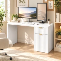 HOMCOM Computer Desk with Drawer, 120 cm Reversible Office Desk, Cabinet, Adjustable Shelf, Thick Top, White(m-14)