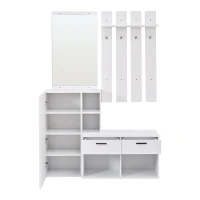 Hallway Storage Unit with Mirror and 4 Hooks, Space-Saving Shoe Cabinet with 10 Compartments for Entryway, 120L x 35W x 175.5H cm, White(m-14)