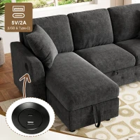 Modern Chenille L-Shaped Sectional Sofa with Storage Chaise Lounge, Soft Convertible Sleeper Couch with 2 Cushions, 200L x 130.5W x 83.5H cm, Gray(m-7)
