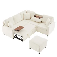 Modern Corner Sofa Bed with Reading Lamp and Fold-Out Cup Holder Table, Soft Pull-Out Sleeper Couch with Ottoman, 205L x 205W x 85H cm, Beige(m-13)