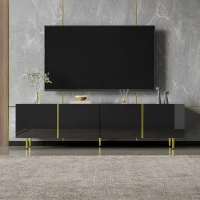 High-Gloss TV Cabinet with Four Soft-Close Doors, Modern Entertainment Stand for Living Room, 170L × 35W × 46H cm, Black+Gold(m-5)