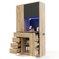 Modern Tall Kitchen Pantry Sideboard with 4-Tier Pull-Out Organiser, Freestanding Storage Cupboard with Power Outlets, 105L x 40W x 185H cm, Black(m-12)