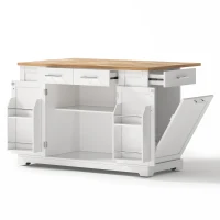 Modern Rolling Kitchen Island Trolley with Woodgrain Worktop, Mobile Storage Cart Unit with Pull-Out Bin Compartment, 138L x 86W x 92H cm, White(m-12)