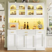 Modern Kitchen Cabinet with App-Controlled RGB LED, Storage Cabinet with Roll-Out Shelves and Glass Doors, 120L x 40W x 187H cm, White(m-1)