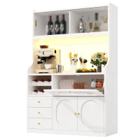 Tall Kitchen Cabinet with App-Controlled RGB LED and Glass Doors, Storage Unit with Wine Rack and 3 Drawers, 120L x 40W x 180H cm, White(m-12)