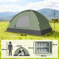 Outsunny Tienda de Camping Plegable con 2 Ventanas de Malla Bolsa de Transporte y Marco de Fibra de Vidrio 206x152x110 cm Verde(m-3)