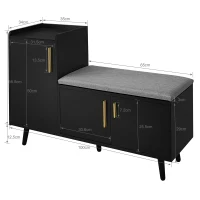 Modern Entryway Shoe Bench Storage Cabinet with Adjustable Shelves, Soft Storage Organiser Unit with Metal Handles, 100L x 34W x 69H cm, Black(m-3)
