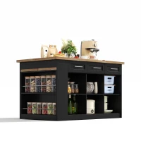 Modern Kitchen Island with Hidden Extendable Dining Table, Mobile Breakfast Bar with Marble-Effect Worktop, 150L x 90W x 90H cm, Black+Natural(m-11)