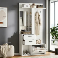 Modern Hall Tree with Mirror and Fold-Out Shoe Rack, Space-Saving Entryway Organizer with 3 Hooks and Drawers, 90L x 30W x 180H cm, White(m-8)