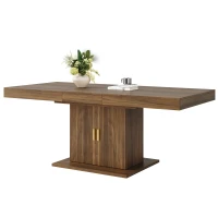 Extendable Dining Table with Integrated Storage, Space-Saving Kitchen Table with Grooved Doors and Shelves, 140-180L x 90W x 75H cm, Walnut(m-12)
