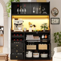 Tall Kitchen Cabinet with App-Controlled RGB LED and Glass Doors, Storage Unit with Wine Rack and 3 Drawers, 120L x 40W x 180H cm, Black(m-1)