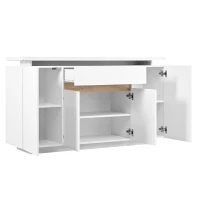 Modern LED Sideboard with 4 Doors and Large Drawer, Freestanding Buffet Cupboard for Living Room, 140L x 40W x 80H cm, White+Natural(m-10)