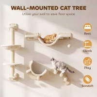 PawHut Four-Piece Cat Wall Furniture, with Hammock, Ladder, Platforms, Steps, for Indoor Use - Beige(m-4)