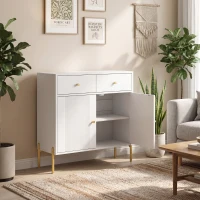 HOMCOM Buffet para Sala, Móvel de Arrumação com 2 Portas, 2 Gavetas, Prateleiras Reguláveis e Pés em Metal, 80 x 39 x 86 cm, Branco(m-2)