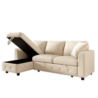 Modern Chenille L-Shaped Sectional Sofa with Reversible Storage Chaise, Soft Pull-Out Sleeper Couch with USB Ports, 200L x 130.5W x 83.5H cm, Beige(m-11)