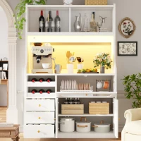 Tall Kitchen Cabinet with App-Controlled RGB LED and Glass Doors, Storage Unit with Wine Rack and 3 Drawers, 120L x 40W x 180H cm, White(m-7)