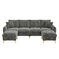 Modern U-Shaped Modular Sleeper Sofa with 2 Storage Ottomans, Soft Convertible Couch with 2 Decorative Cushions, 263L x 137W x 85H cm, Gray(m-12)