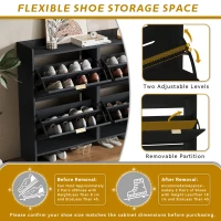 Modern Wooden Shoe Cabinet with 4 Flip Drawers, Space-Saving Storage Organiser with Side Umbrella Hooks, 110L x 24W x 90H cm, Black(m-4)