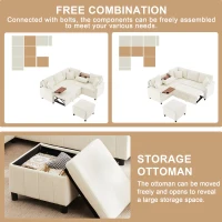 Modern Corner Sofa Bed with Reading Lamp and Fold-Out Cup Holder Table, Soft Pull-Out Sleeper Couch with Ottoman, 205L x 205W x 85H cm, Beige(m-6)