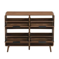 Modern Shoe Cabinet with Double-Tier Flip Doors, Space-Saving Hallway Organizer for Up to 24 Pairs, 105L x 24W x 90H cm, Walnut(m-10)