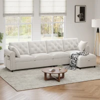 Modern Velvet L-Shaped Sectional Sofa with Storage Chaise and Tufted Back, Soft Corner Couch with Reversible Corner, 281L x 132W x 86H cm, BeigeStorage Chaise(m-1)