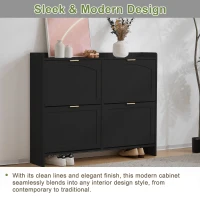 Modern Wooden Shoe Cabinet with 4 Flip Drawers, Space-Saving Storage Organiser with Side Umbrella Hooks, 110L x 24W x 90H cm, Black(m-6)