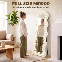 HOMCOM Miroir Pleine Longueur Ondulé 160 x 60 cm, LED 3 Couleurs, Cadre Effet Velours, Verre Trempé HD, Crème(m-8)