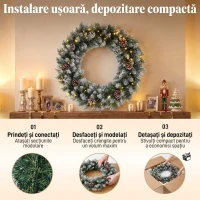 HOMCOM Coroniță de Crăciun 60 cm cu lumini LED, 8 moduri, 140 ramuri, conuri de pin, verde(m-7)
