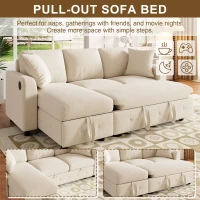 Modern Chenille L-Shaped Sectional Sofa with Reversible Storage Chaise, Soft Pull-Out Sleeper Couch with USB Ports, 200L x 130.5W x 83.5H cm, Beige(m-4)