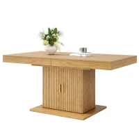 Extendable Dining Table with Integrated Storage, Space-Saving Kitchen Table with Grooved Doors and Shelves, 140-180L x 90W x 75H cm, Natural(m-9)