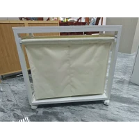 HOMCOM Panier à linge à 2 compartiments 2x20L avec roulettes, panier à linge en bambou, sac amovible, blanc(m-4)