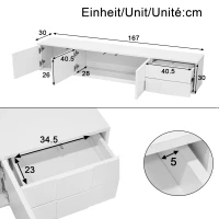 High-Gloss TV Lowboard with Handleless Fronts, 3 Doors and 2 Drawers, Storage Unit for Wall-Mount or Freestanding, 167L x 30W x 30H cm, White(m-3)
