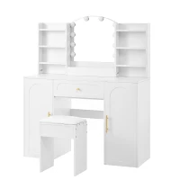 Modern Vanity Desk with Padded Stool and 2 Storage Cabinets, Makeup Dressing Table with Adjustable LED Mirror, 110L x 40W x 132H cm, White(m-17)