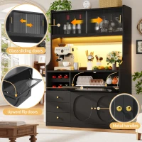 Tall Kitchen Cabinet with App-Controlled RGB LED and Glass Doors, Storage Unit with Wine Rack and 3 Drawers, 120L x 40W x 180H cm, Black(m-6)