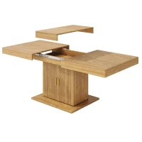 Extendable Dining Table with Integrated Storage, Space-Saving Kitchen Table with Grooved Doors and Shelves, 140-180L x 90W x 75H cm, Natural(m-10)